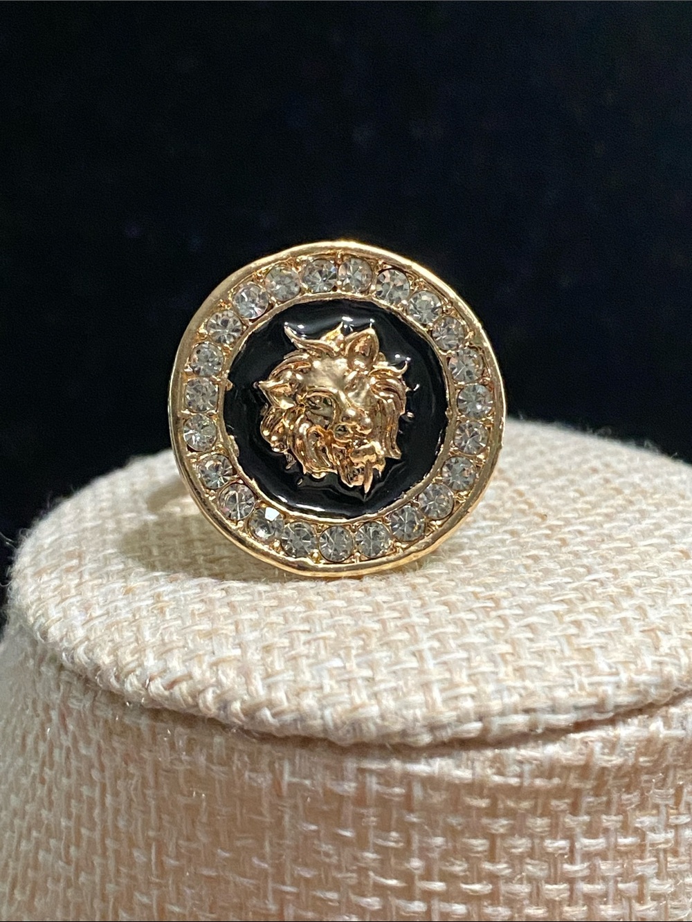 Gold Lion Medallion Ring with Black Enamel and Crystal Halo